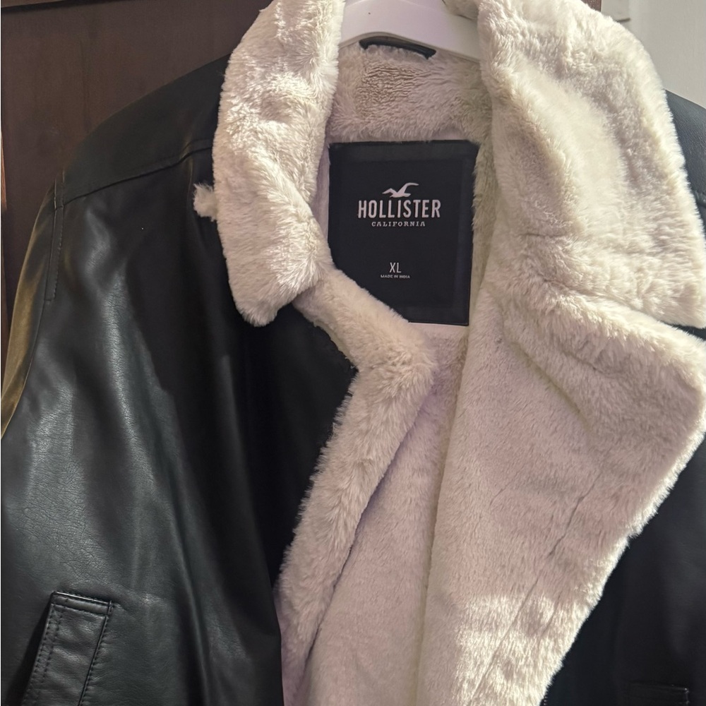 Hollister Black Faux Leather Bomber Jacket with Cream Sherpa